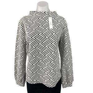NEW Gray LA White Black Geometric Print Mock Neck Long Sleeve Blouse Top Size M